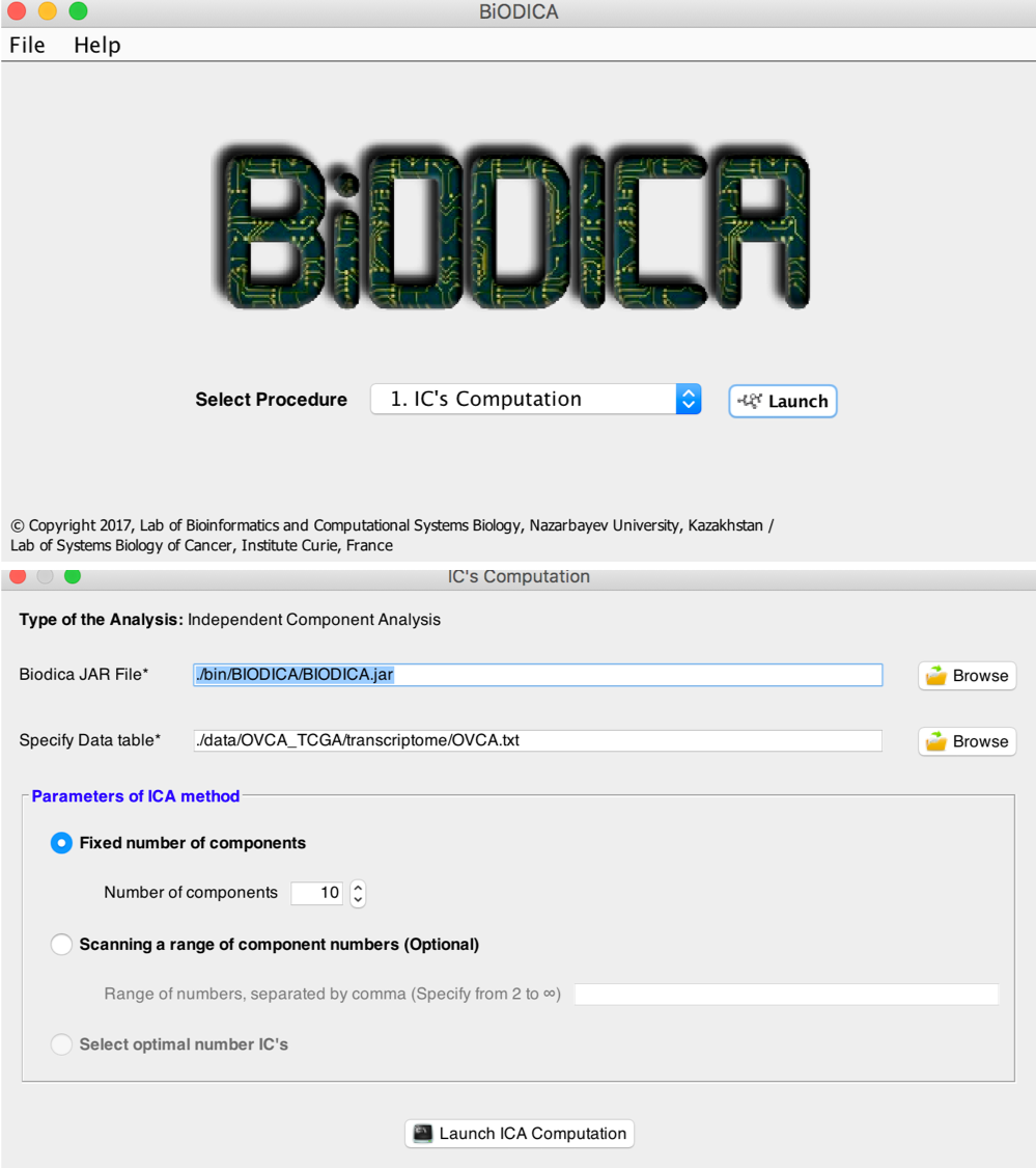 Welcome screen of BIODICA with choice od funcitions and interface of fastICA data and parameters input