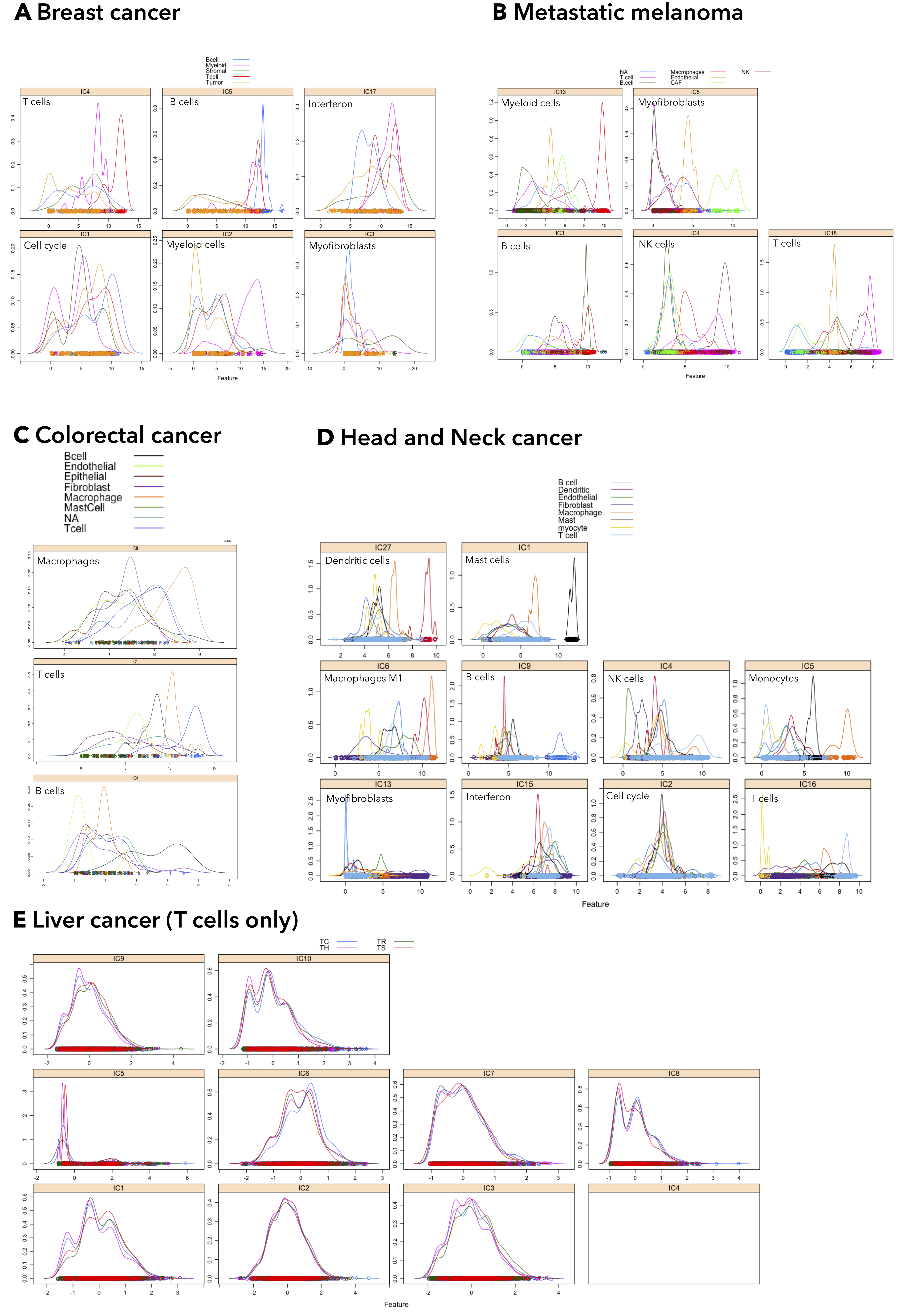 ICA applied to scRNA-seq detects cell-specific signatures. Five scRNA-seq datasets (Supplementary table 7.2), were decomposed with ICA into their MSTD (Kairov et al. 2017) dimensions. Cell-type and cellular programs were identified with DeconICA (written label) and confirmed with the author given cell type labels. The density plots show the abundance scores of a selected component distribution over cells. In all datasets except the T cell liver cancer, dataset cell-type components were correctly identified.